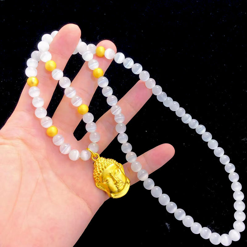 沙金佛头猫眼石佛项链男女镀金黄金色弥勒佛串珠项链如来佛祖挂坠