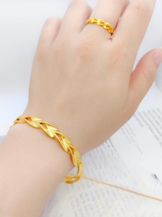 古法沙金手镯女黄金色麻花麦穗镯子开口哑光情侣交织的爱手环戒指