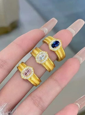 古法沙金点钻拉丝鸽子蛋戒指宽面纹理指环中古风轻奢精致送女友