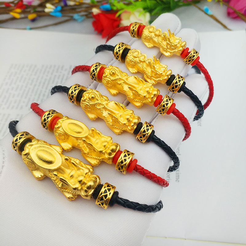皮绳手链女男越南沙金貔貅手链镀黄金色情侣转运珠3d硬金皮丘手链
