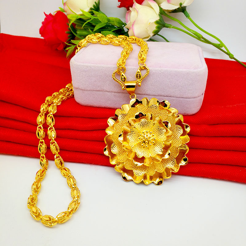 新款越南沙金项链女超大花朵吊坠女铜镀金黄金色首饰泰国大金链子