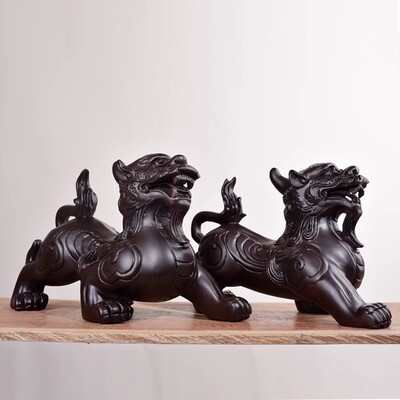 黑檀木雕招财貔貅摆件一对公母实木皮休开业送礼品客厅玄关风水