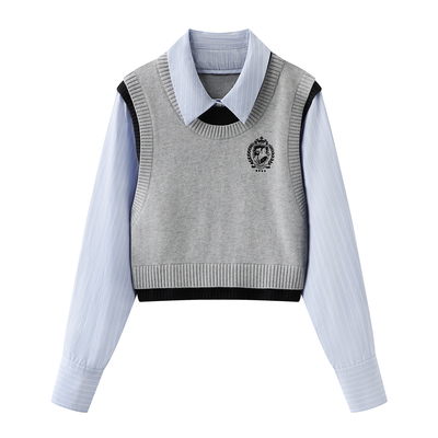 学院风假两件针织背心女