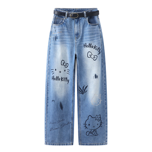 CHAONING卡通动漫印花牛仔裤女2026春季新款高腰直筒休闲阔腿长裤