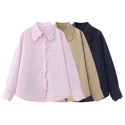 通勤风翻领花边长袖衬衫女