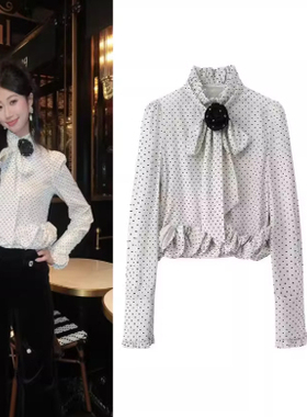 CHAONING清仓2025冬季新款复古千金风白色波点蝴蝶结荷叶边衬衫女