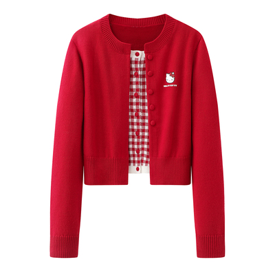 假两件针织衫开衫女红色毛衣