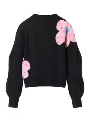 CHAONING清仓2025冬季新款蔡少芬同款粉色花朵波浪袖黑色针织上衣