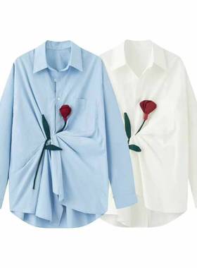 CHAONING高端定制2025秋季新款时尚百搭翻领立体玫瑰花朵长袖衬衫
