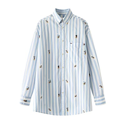 CHAONING清仓2025春新款时尚百搭宽松卡通印花条纹长袖衬衫女