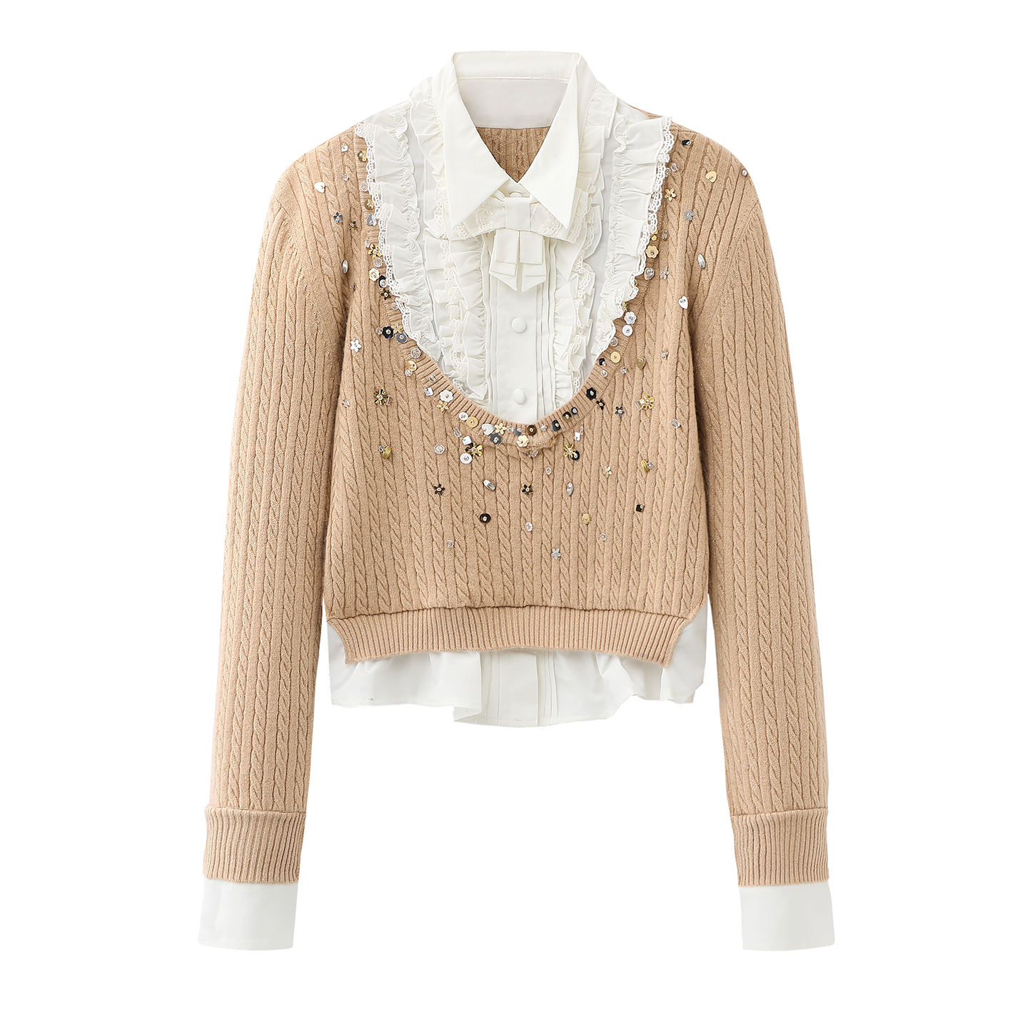 百搭V领拼接假两件针织衫上衣