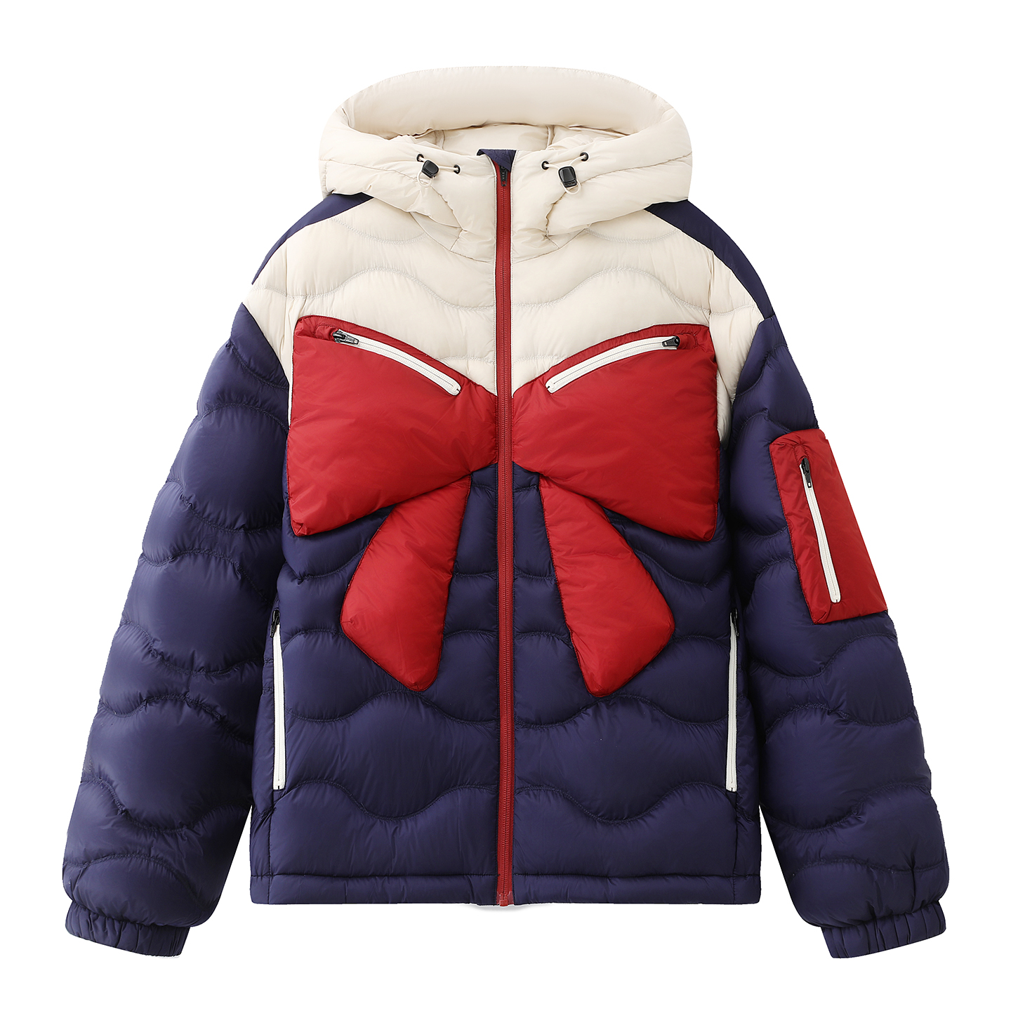 撞色拼接蝴蝶结连帽短款羽绒服