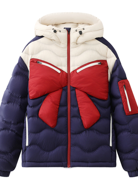 CHAONING高端定制2025冬季新款时尚撞色拼接蝴蝶结连帽短款羽绒服