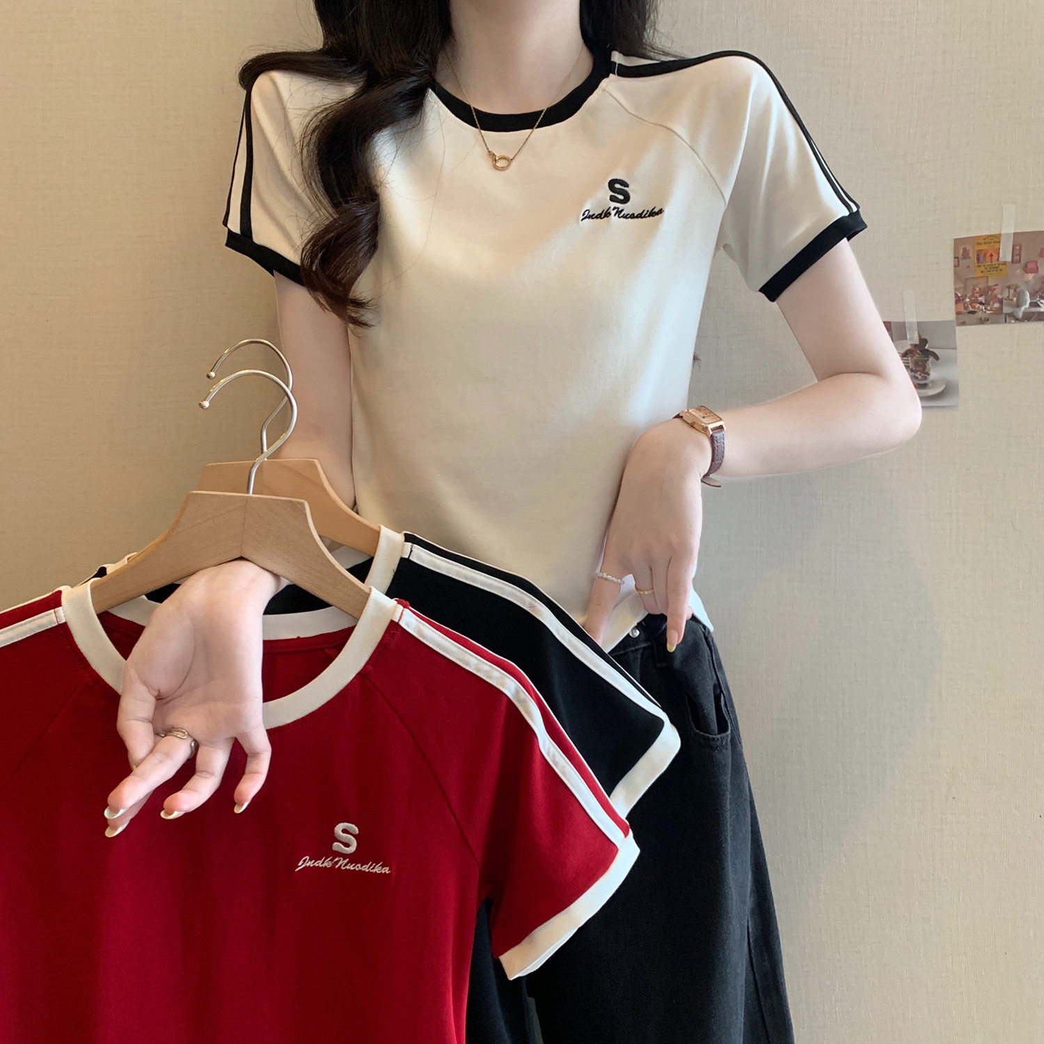 允硕女装夏季新款欧一坊正品美妃官方旗舰店正肩条纹撞色短袖t恤