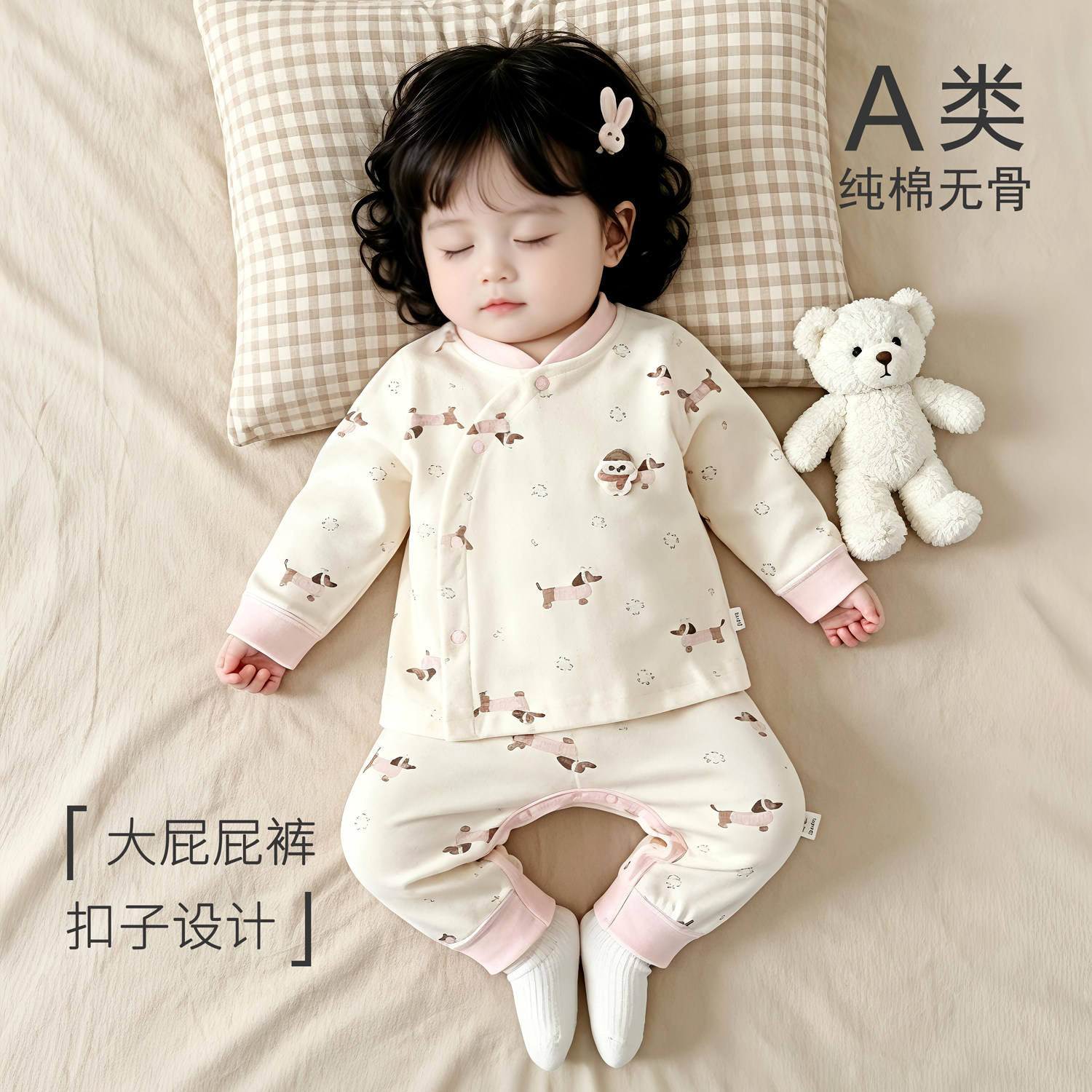 婴儿分体套装春秋纯棉薄款秋衣秋裤子按扣开男幼女宝宝春装两件套