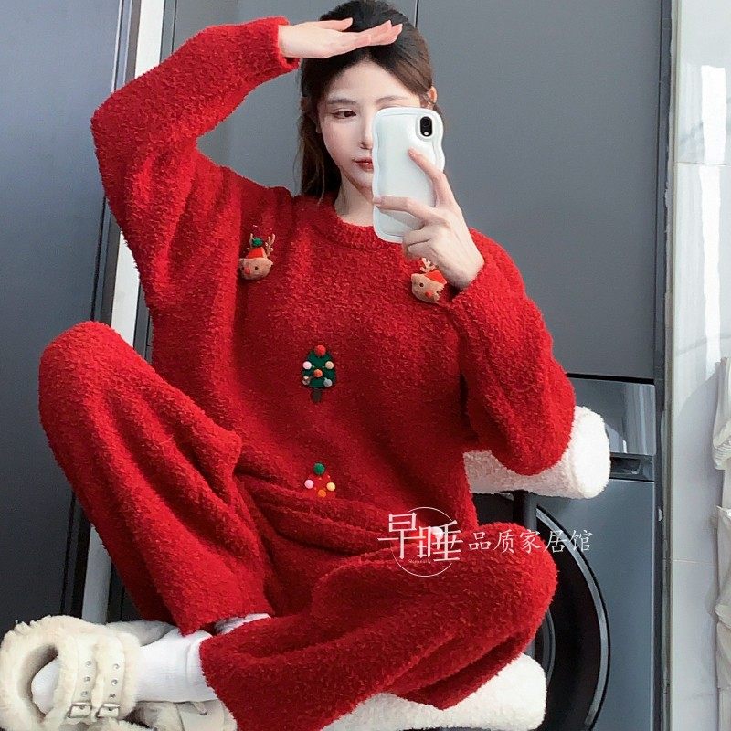 红色圣诞半边绒加厚睡衣女秋冬