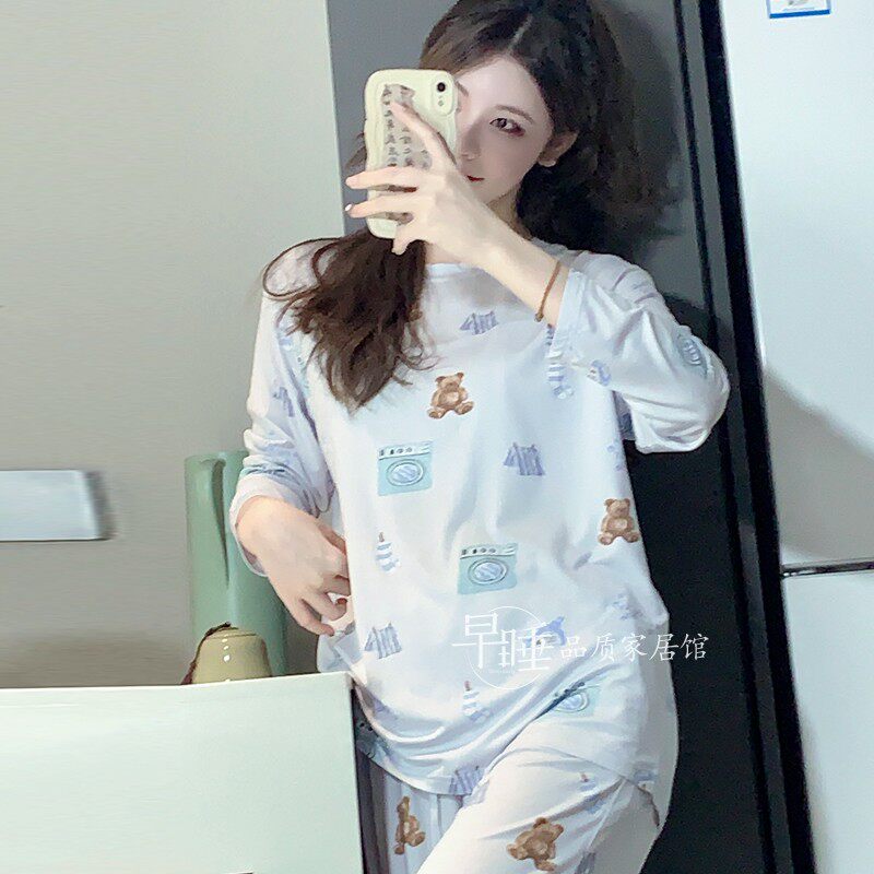 小熊长袖薄款莫代尔棉睡衣女圆领