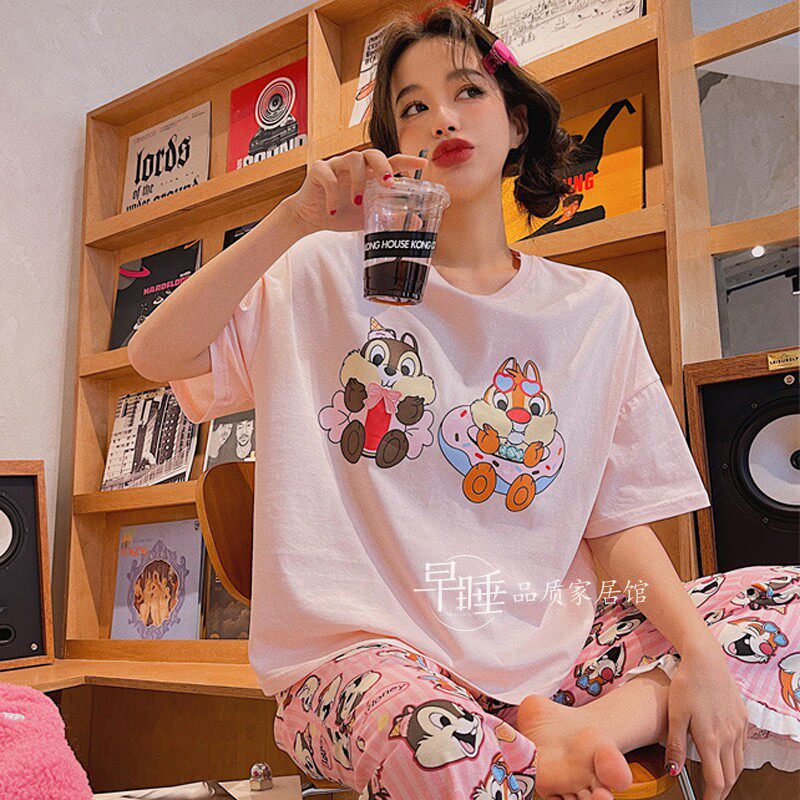 网红花栗鼠睡衣女纯棉夏季短袖