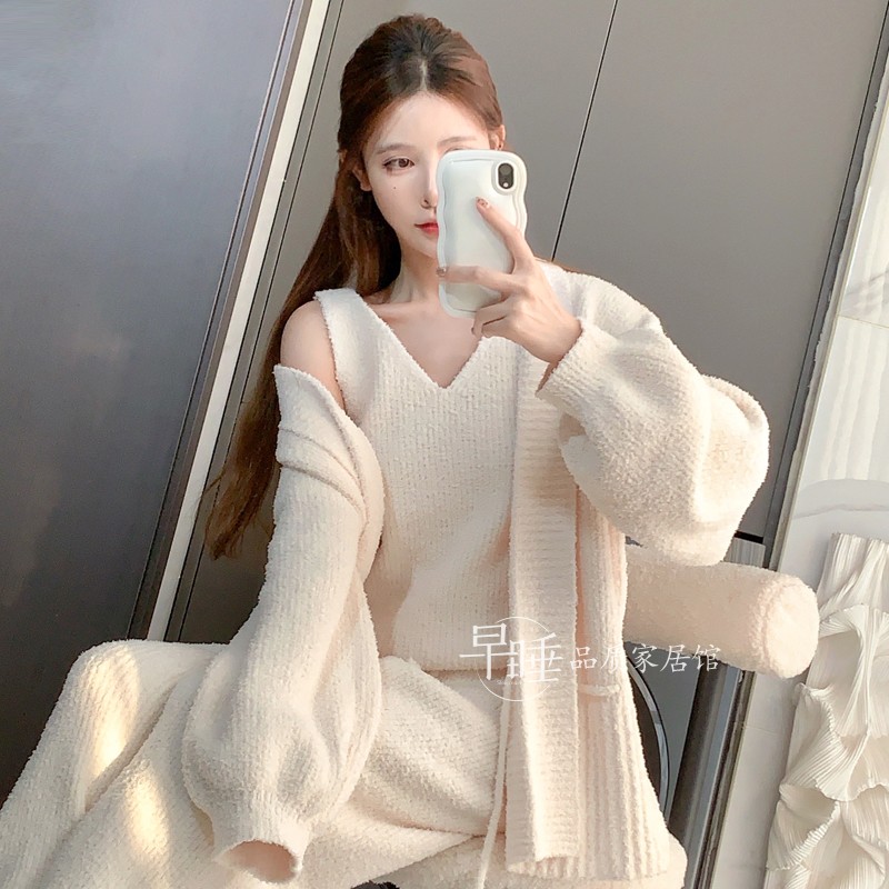 女半边绒可外穿三件套针织睡衣