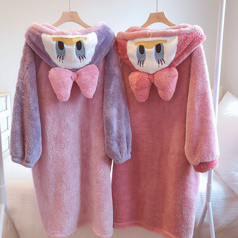 珊瑚绒睡衣男女秋冬季卡通可爱鸭子睡袍加厚宽松大码法兰绒家居服