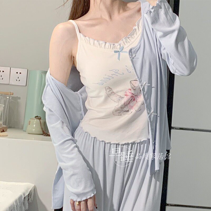 女莫代尔棉猫咪带胸垫三件套睡衣
