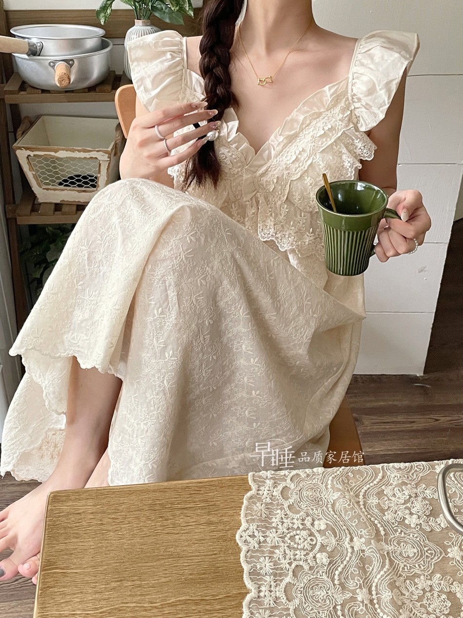 公主韩国女纯棉刺绣蕾丝白色睡裙