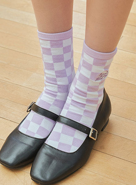 ins韩国潮牌LETTER FROM MOON棋盘格女紫色月亮袜中筒棉袜学院风