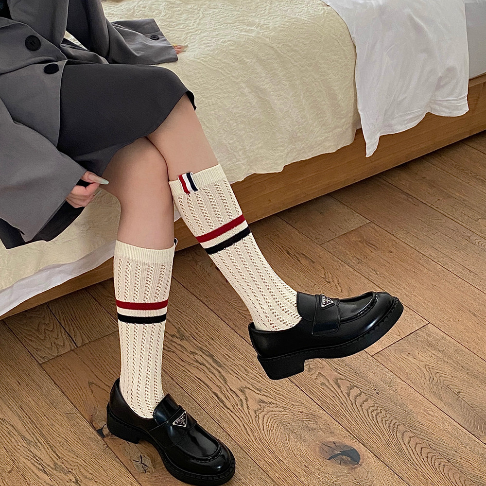ins欧美潮牌女袜夏季移圈网眼镂空小腿袜布标条纹款TB及膝袜堆堆