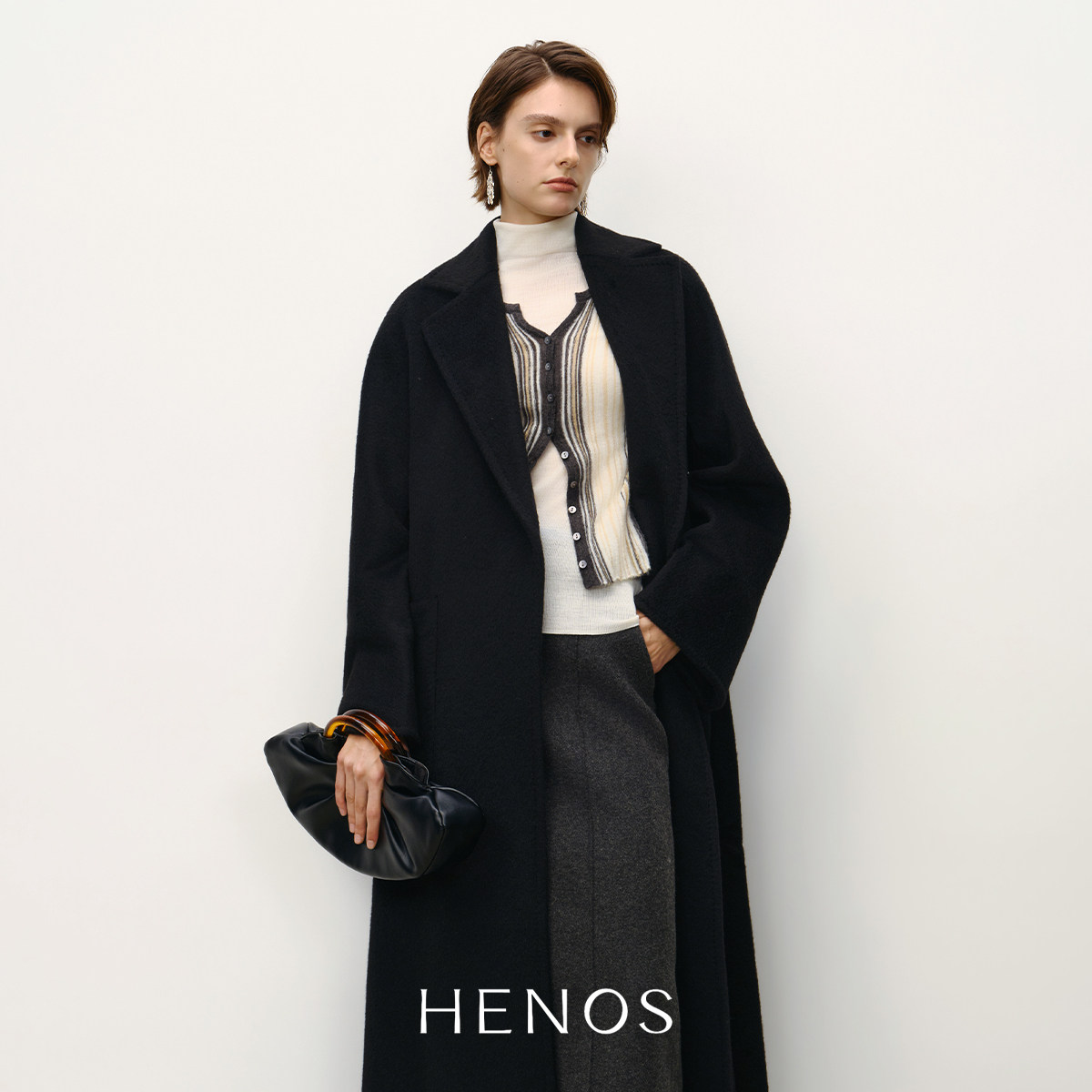 HENOS25冬季新款女收腰显瘦气质千金感全骆驼绒系带长款大衣外套