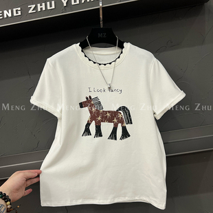 高端欧货2025年秋季新款圆领印花字母卡通小狗磨毛短袖T恤女上衣