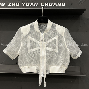 高端欧货夏季立领垫肩双头拉链飘带欧根纱拼接蕾丝短袖衬衫女上衣