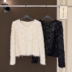 高端欧货新款高级感巨好看的V领垫肩流苏亮片设计感长袖衬衫女冬