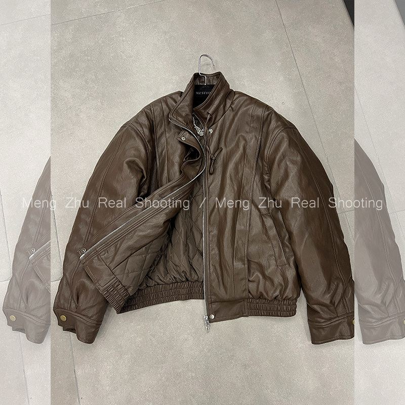 高端现货2024冬季新款立领拉链下摆松紧时尚蛋白皮夹棉皮衣外套女,女装/女士精品,皮衣,淘宝优惠券,粉丝福利购,淘宝优惠卷