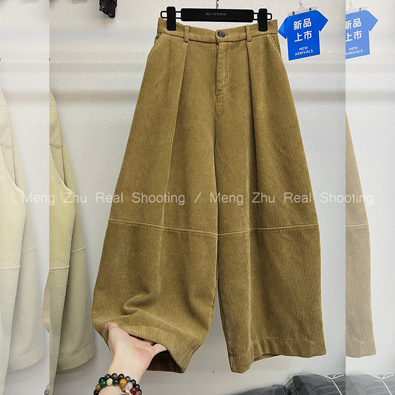 高端现货2024冬季新款高腰休闲直筒阔腿裤女灯芯绒气球裤灯笼裤子,女装/女士精品,休闲裤,淘宝优惠券,粉丝福利购,淘宝优惠卷