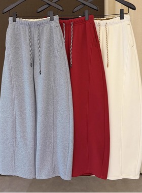 高端欧货冬季新款松紧高腰绑带休闲阔腿刺绣拼接弯刀裤女加绒卫裤