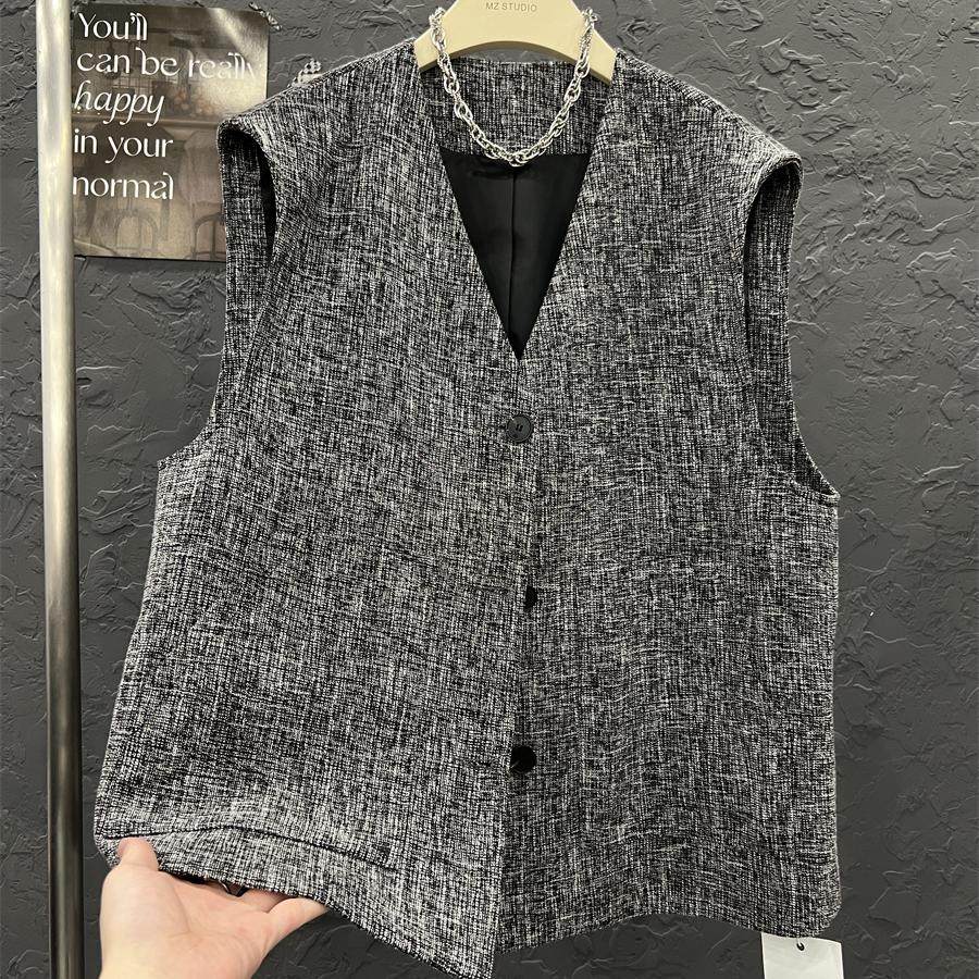 高端现货2024秋季新款V领垫肩单排扣花白坎肩无袖外套西装马甲女,女装/女士精品,马夹,淘宝优惠券,粉丝福利购,淘宝优惠卷