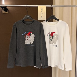 高端欧货新款高级感巨好看的卡通印花字母立体圣诞帽装饰T恤女冬