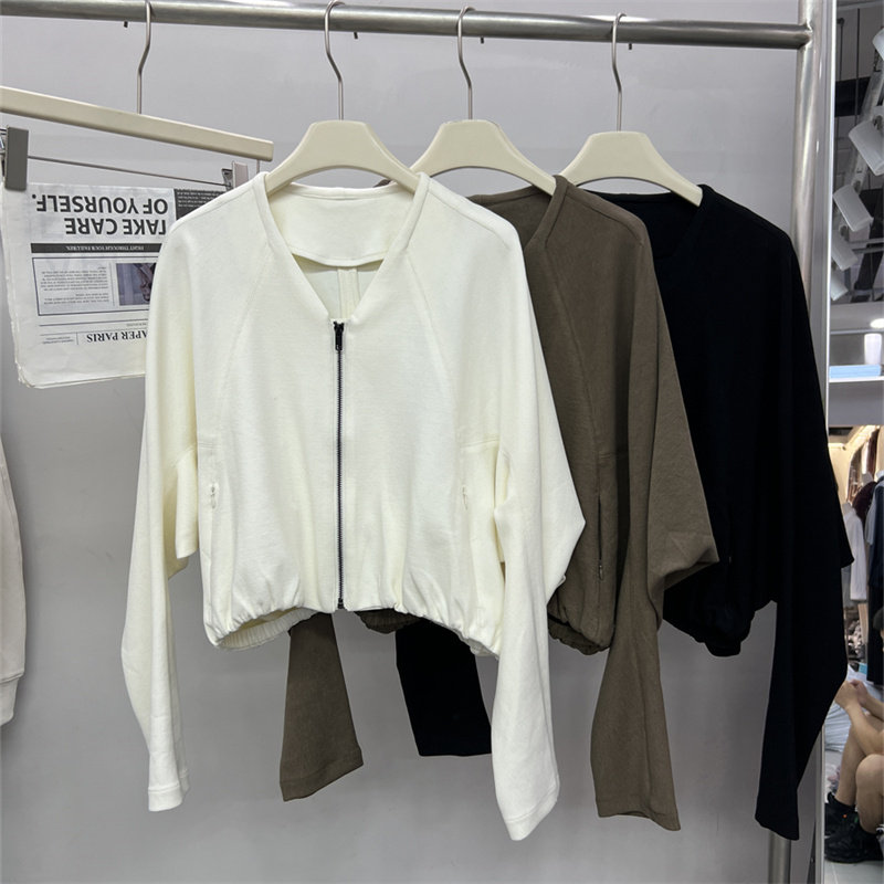 高端现货2024秋季新款时尚百搭V领拉链下摆抽绳蝙蝠袖短款外套女,女装/女士精品,短外套,淘宝优惠券,粉丝福利购,淘宝优惠卷