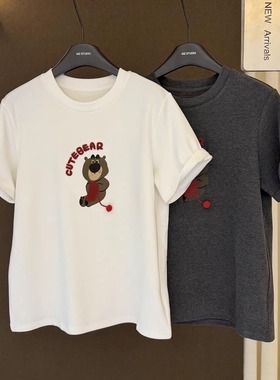 高端欧货新款圆领刺绣字母卡通印花小熊磨毛短袖T恤女冬打底上衣