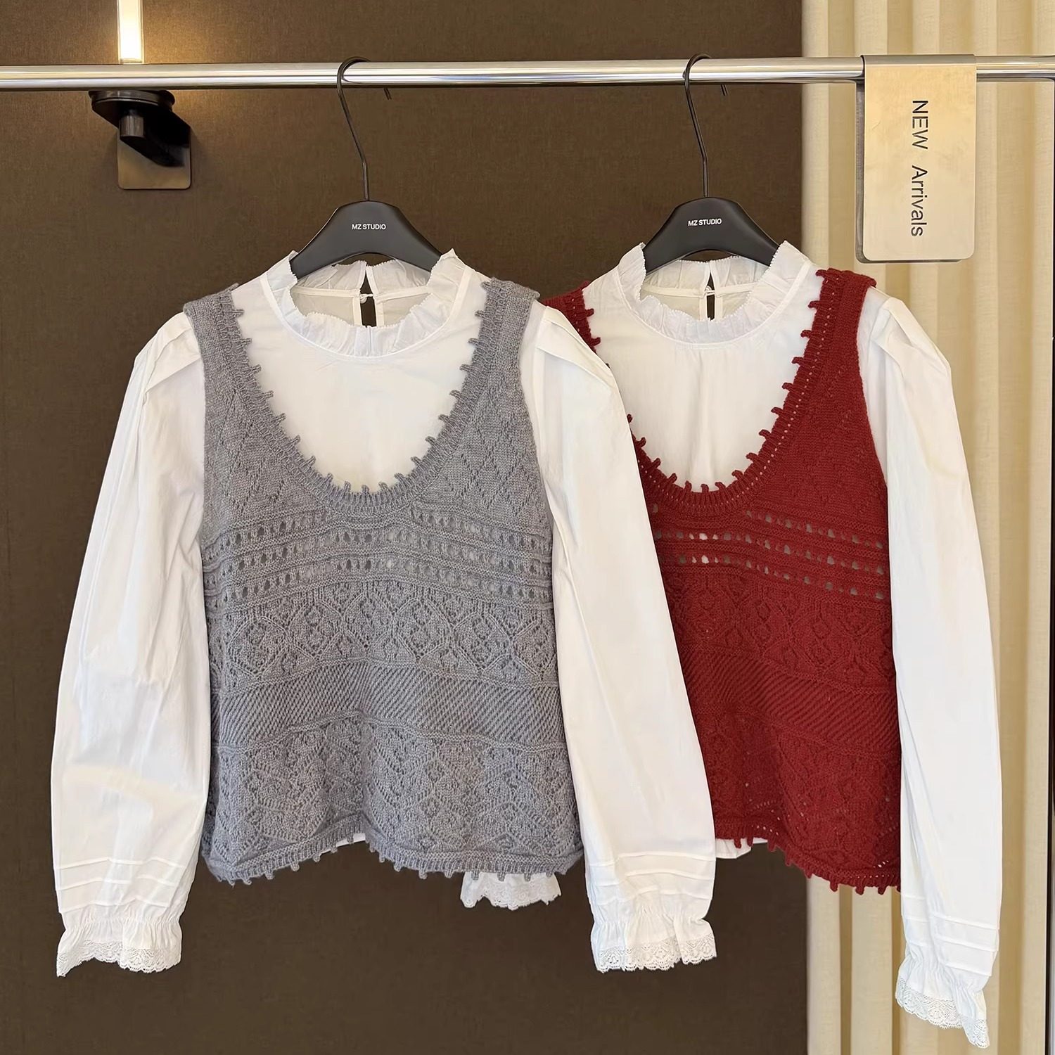 高端欧货新款木耳边领口设计叠穿衬衫搭配针织马甲背心女冬两件套,女装/女士精品,时尚套装,淘宝优惠券,粉丝福利购,淘宝优惠卷