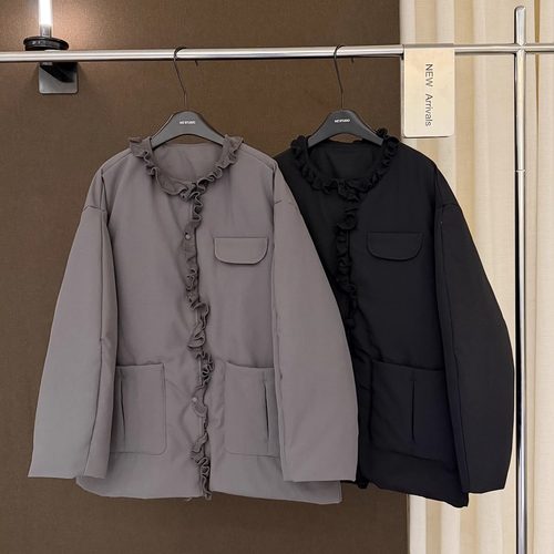 高端欧货冬季新款高级感巨好看的木耳边拼接90白鸭绒外套羽绒服女