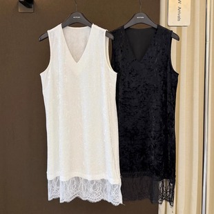 高端欧货冬季新款时尚蕾丝钩花拼接坎肩无袖叠穿丝绒背心连衣裙女