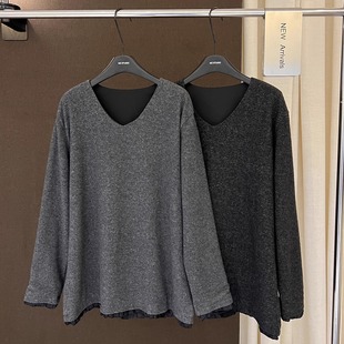 高端欧货冬季新款高级感巨好看的假两件木耳边拼接磨毛打底T恤女