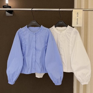 高端欧货冬季新款独特木耳边拼接圆领单排扣竖条纹长袖衬衫女上衣