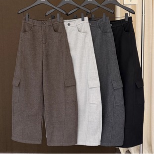 高端欧货冬季新款半松紧高腰多口袋休闲阔腿弯刀裤女加绒工装裤