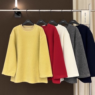 高端欧货冬季新款高级感巨好看的上衣圆领袖口抽绳磨毛打底T恤女