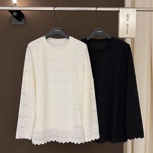 高端欧货冬季新款高级感巨好看的圆领蕾丝钩花长袖磨毛打底T恤女