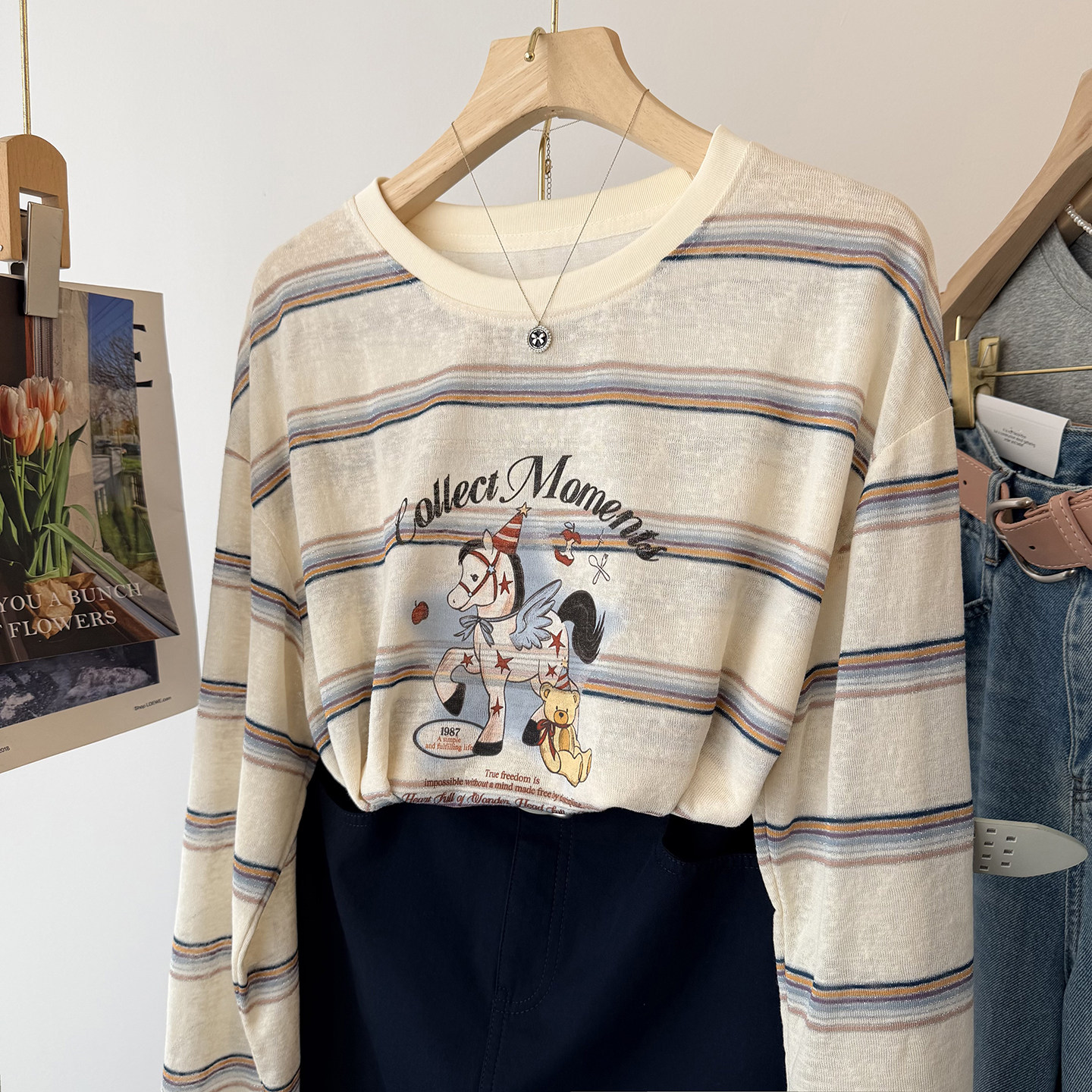 2026夏季薄新款无感印花小马字母长袖防晒t恤衫女中长款显瘦上衣