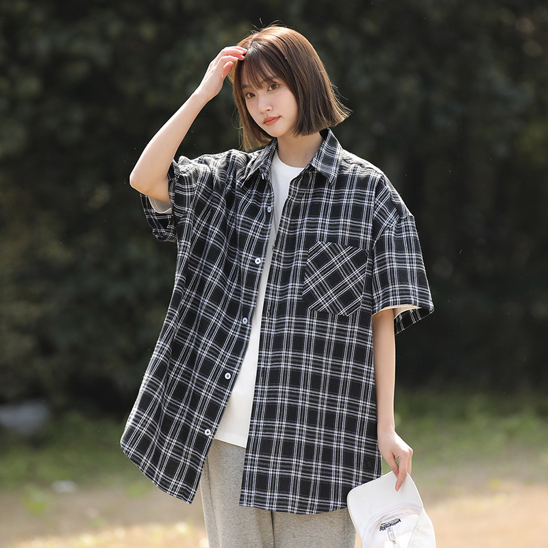 格子短袖衬衫女中性女装2024夏新宽松美式休闲潮流情侣Y460P38特图片