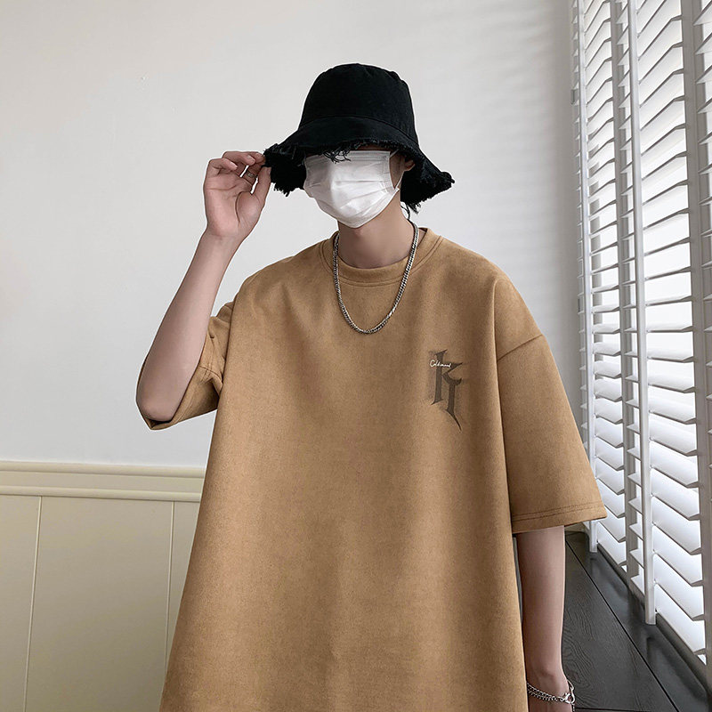 ins2024夏新美式高街潮短袖T恤男宽松鹿皮绒情侣大码Y237P30图片
